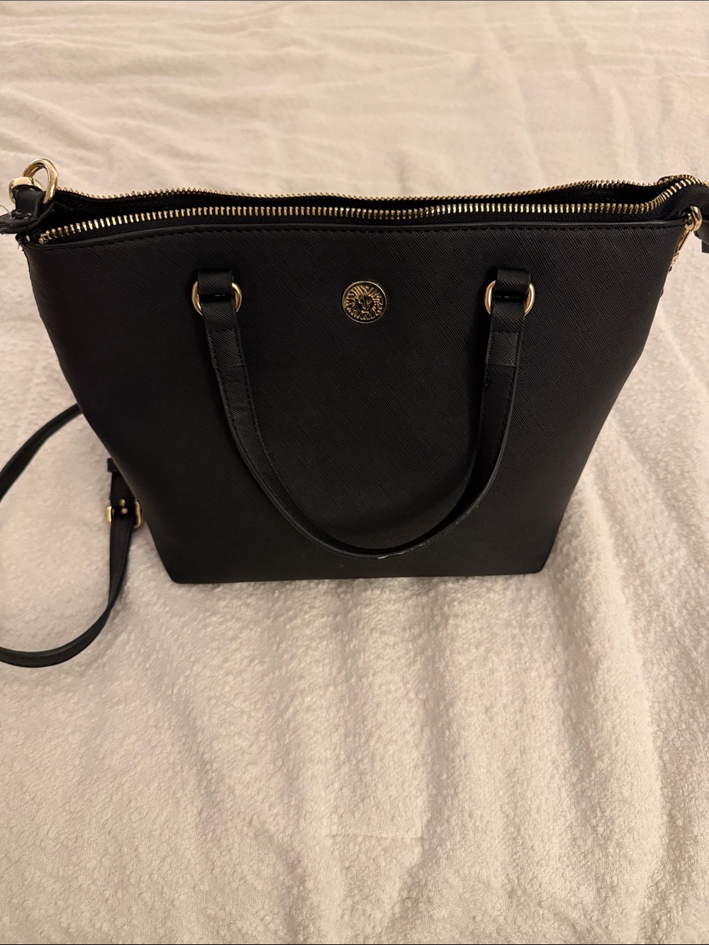 Anne Klein Black Leather Zip-Top Tote with Gold Hardware